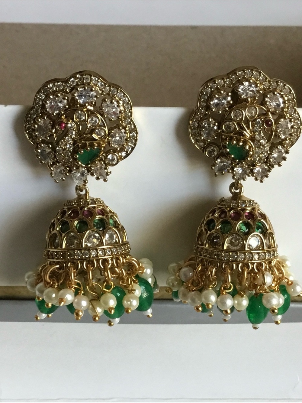 Gold-Tone Green & Pearl Jhumka Earrings - Women Jewelry